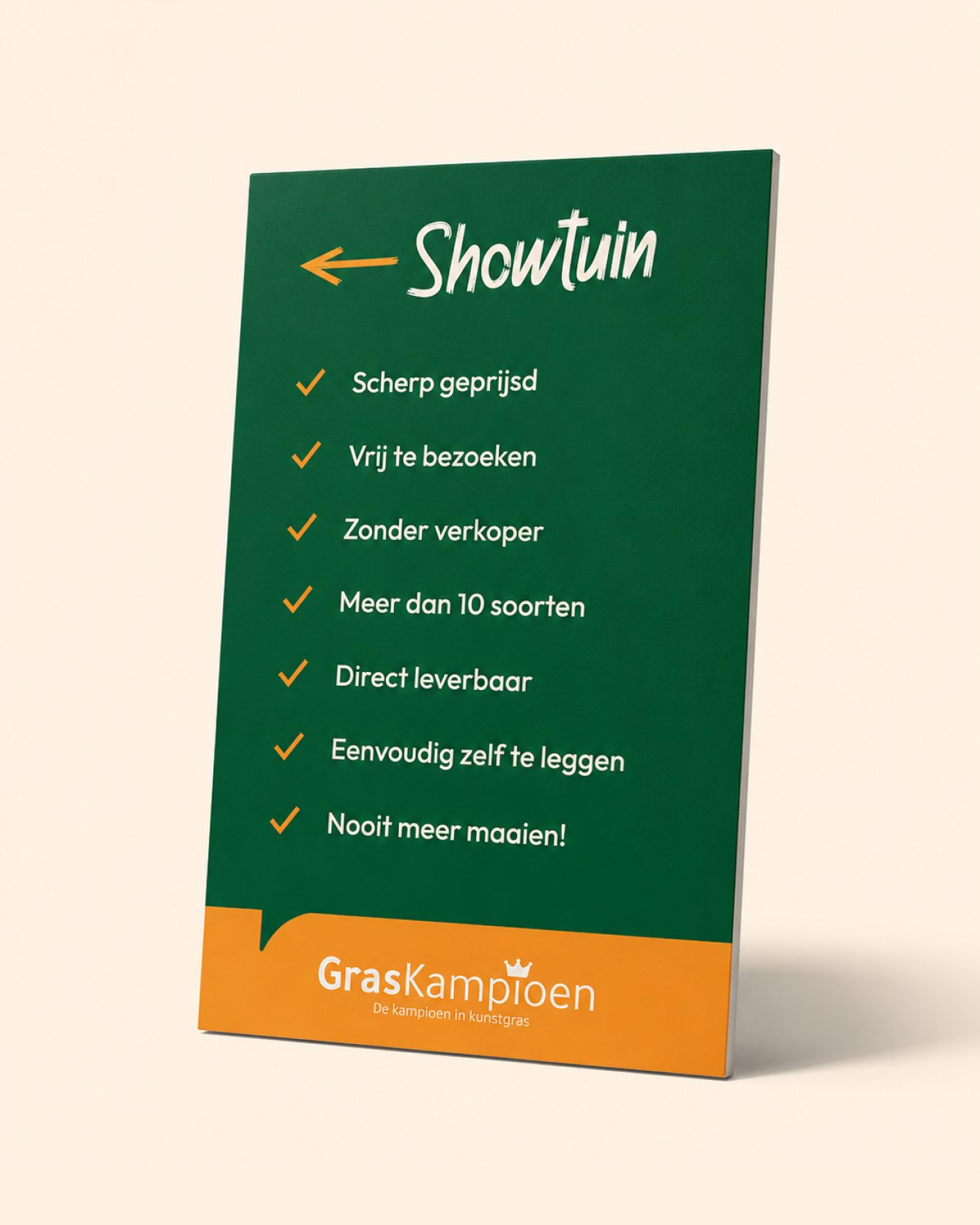Showtuinbord van GrasKampioen: pijl naar de showtuin met zeven voordelen