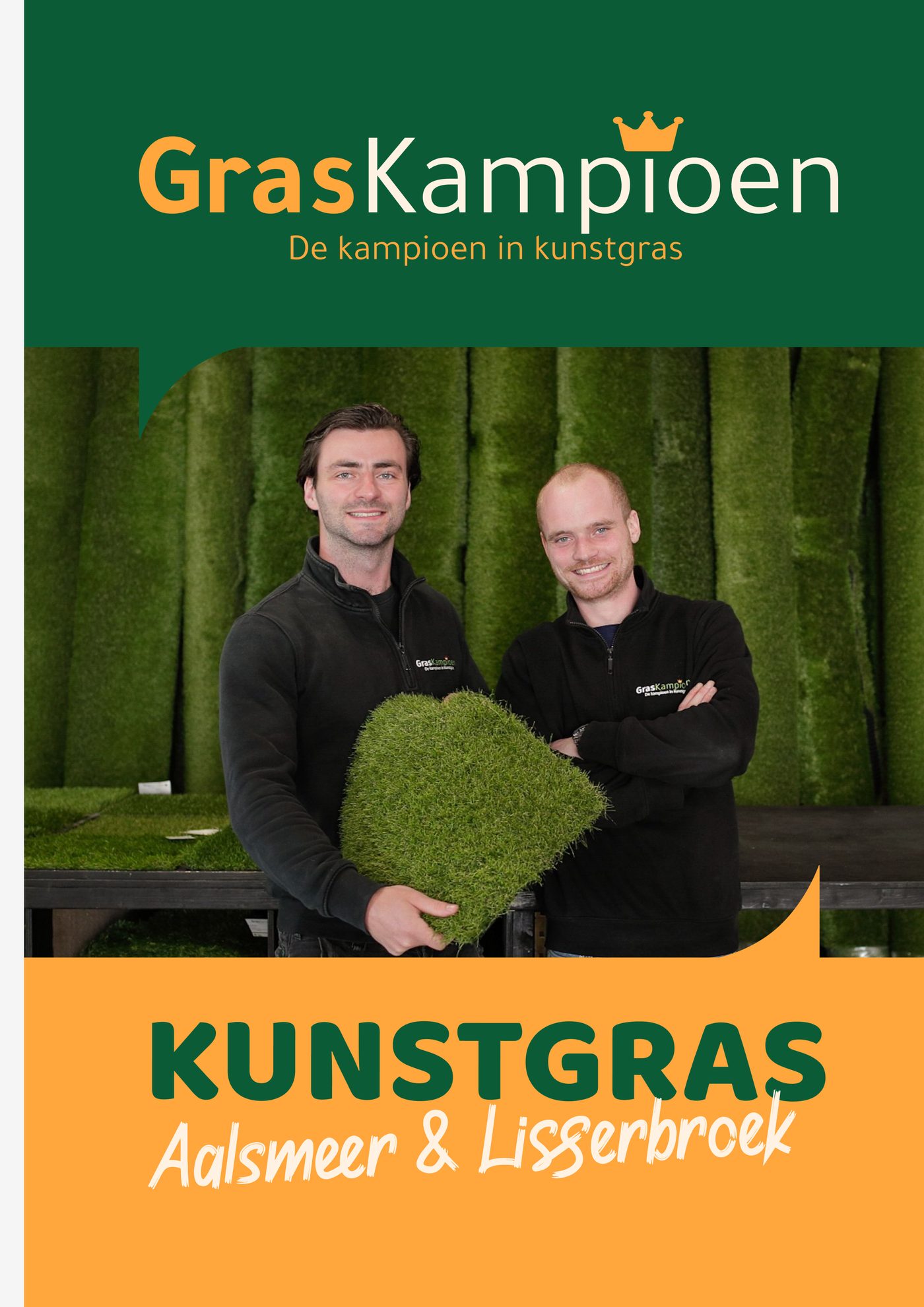 Poster van GrasKampioen: Kunstgras Aalsmeer en Lisserbroek, met Stan en Koen